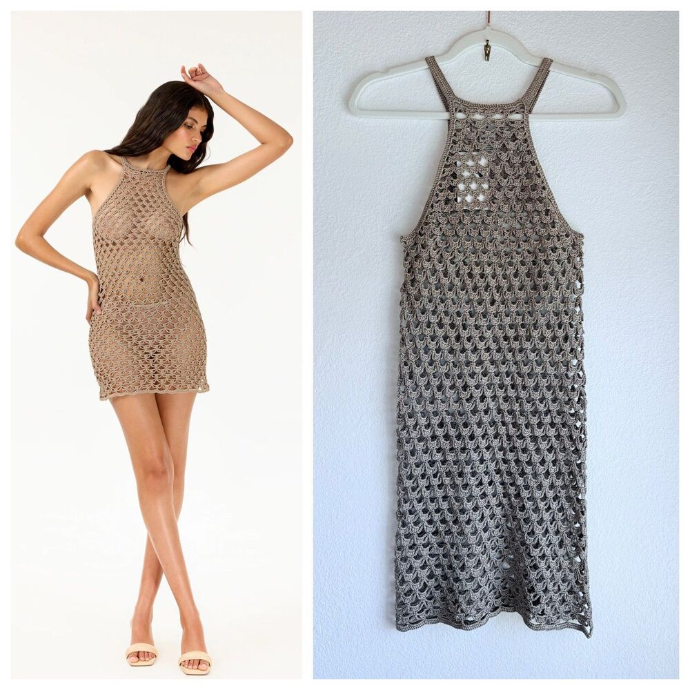 NWT My Beachy Side Macaron Hand Crochet Mini Dress Cover Up in Bronze Sz Medium